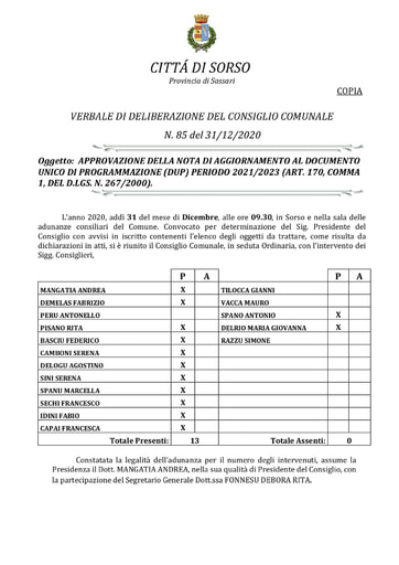 VERBALE DI DELIBERAZIONE DEL CONSIGLIO COMUNALE N. 85 del 31/12/2020