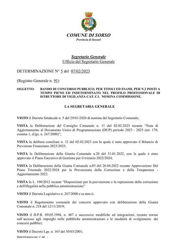 003) NOMINA COMMISSIONE DETERMINAZIONE N° 5 del 07/02/2023